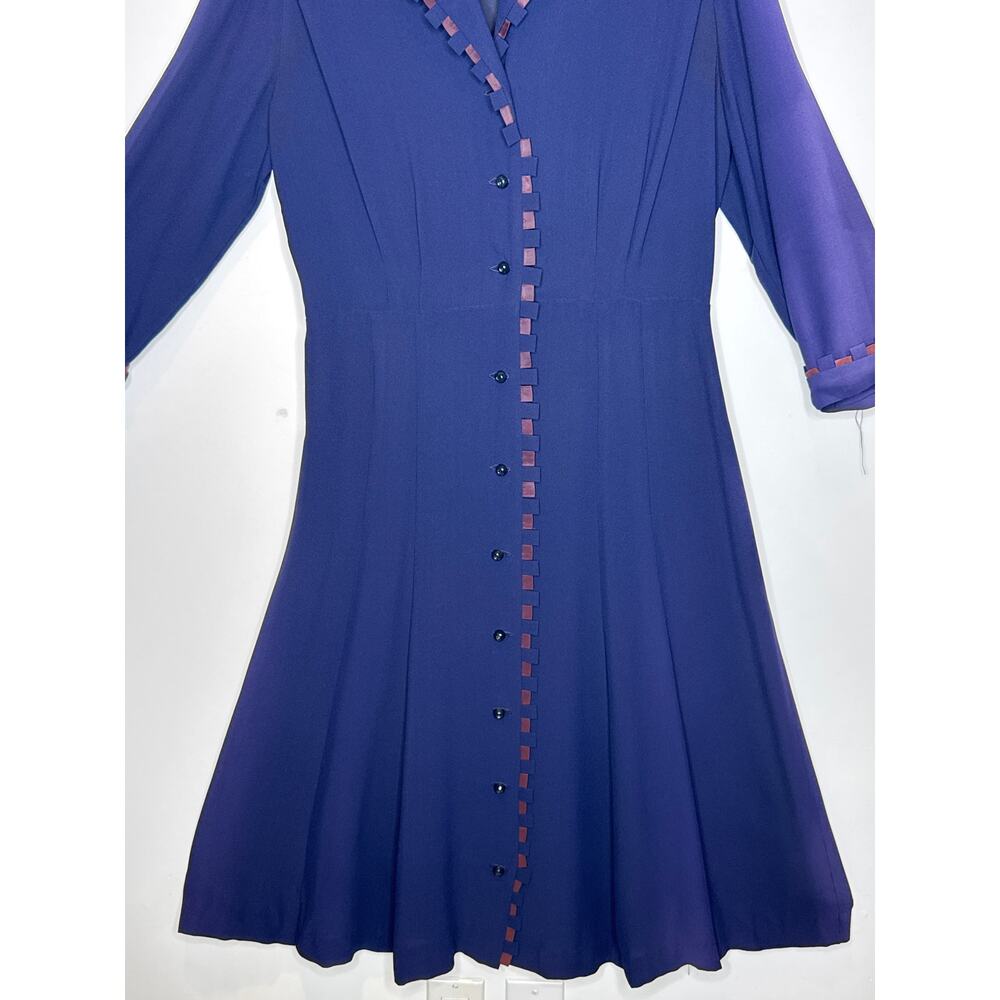 1950s Fair Lady Navy Crepe Button-Front Dress w/ Ribbon Trim medium - Picture 7 of 16